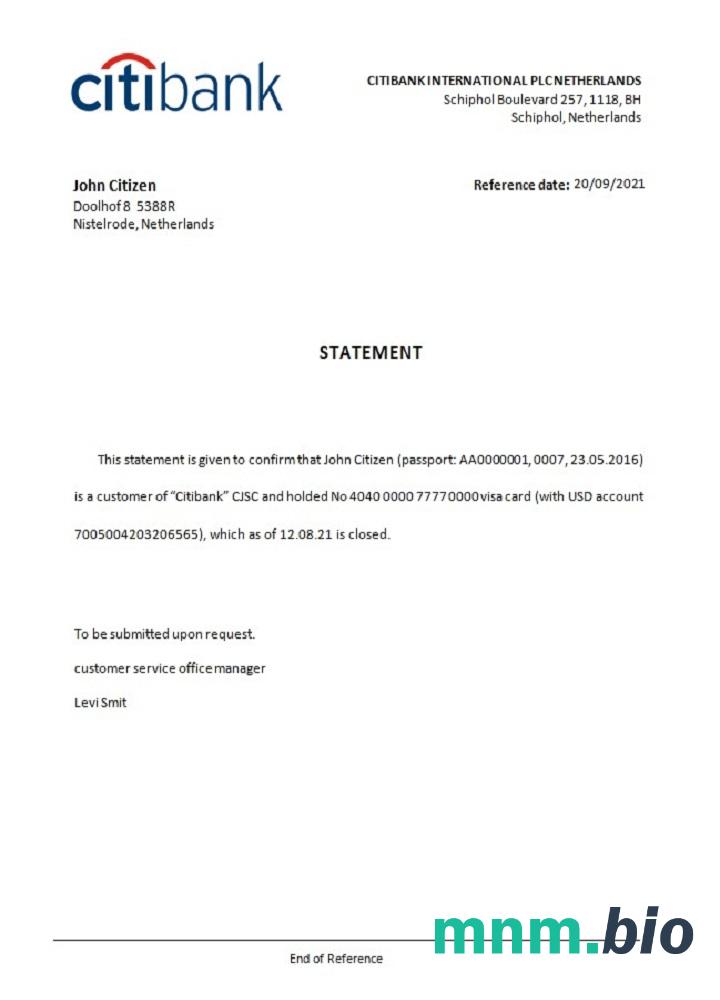 Przykład zamknięcia Netherlands Citibank w formatach Word i PDF